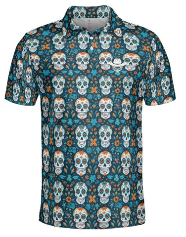 Teal Sugar Skulls Polo